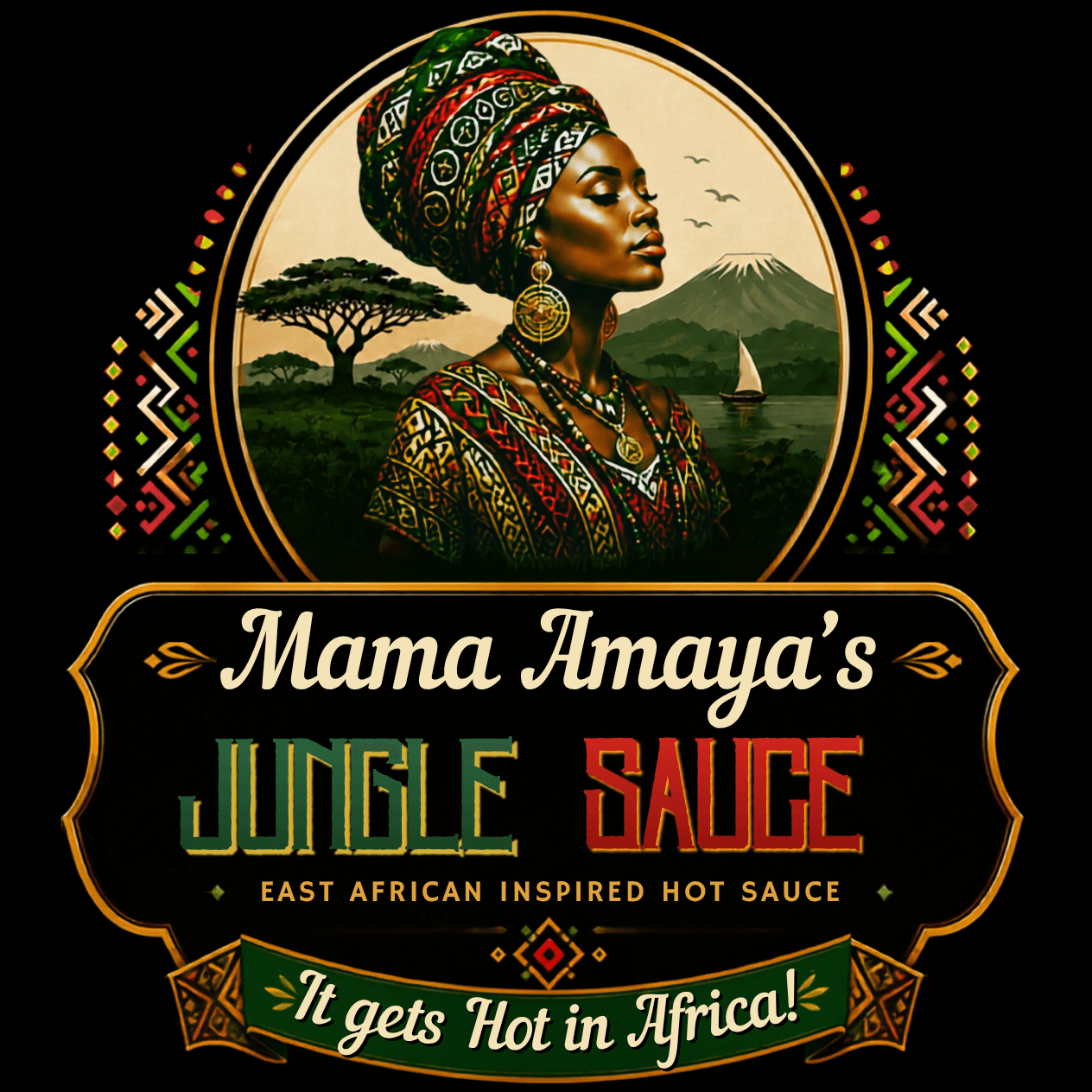 Mama Amaya's Jungle Sauce label artwork — a portrait medallion of a woman in traditional headwrap against a savanna scene, above a green wordmark banner reading "Mama Amaya's Jungle Sauce, East African Inspired Hot Sauce, It Gets Hot in Africa!"