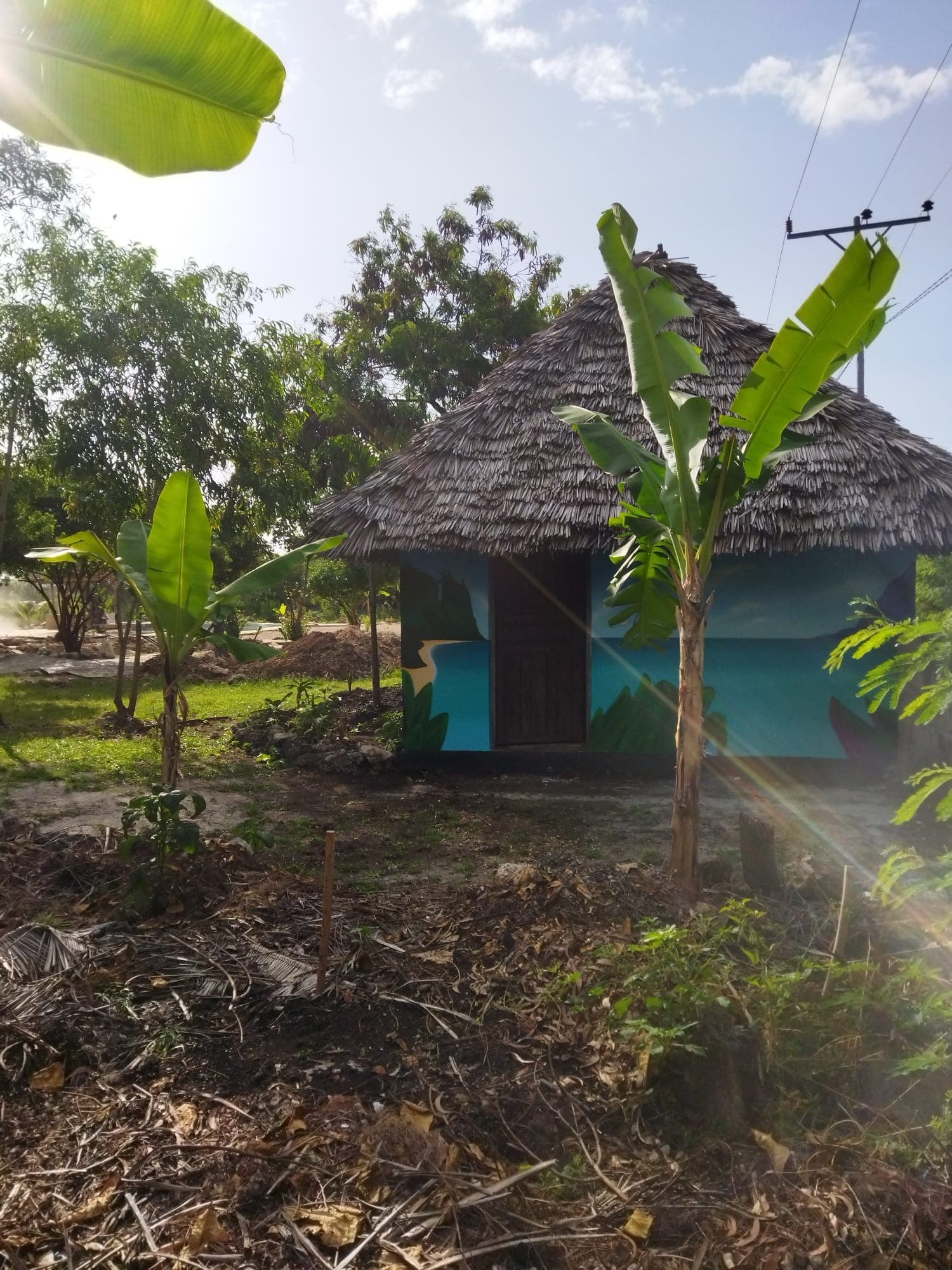A thatched beach hut with a hand-painted ocean mural, banana leaves in the foreground, on Zanzibar's Swahili Coast